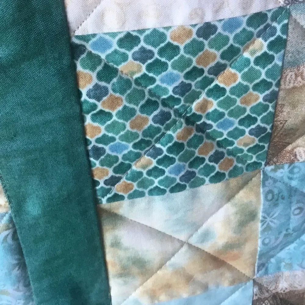 NWT Hand Crafted Quilt in Teals and Tans